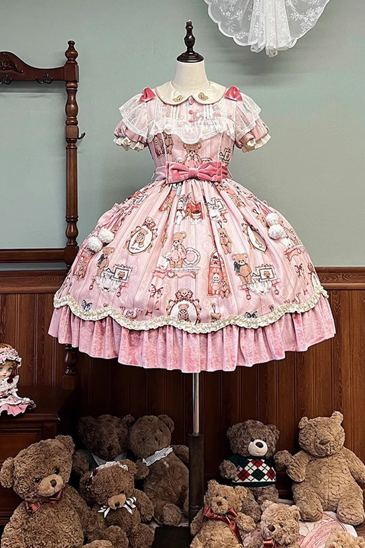 Pink Bear Doll Wall Print Short Sleeves Ruffle Embroidery Bowknot Sweet Lolita Dress
