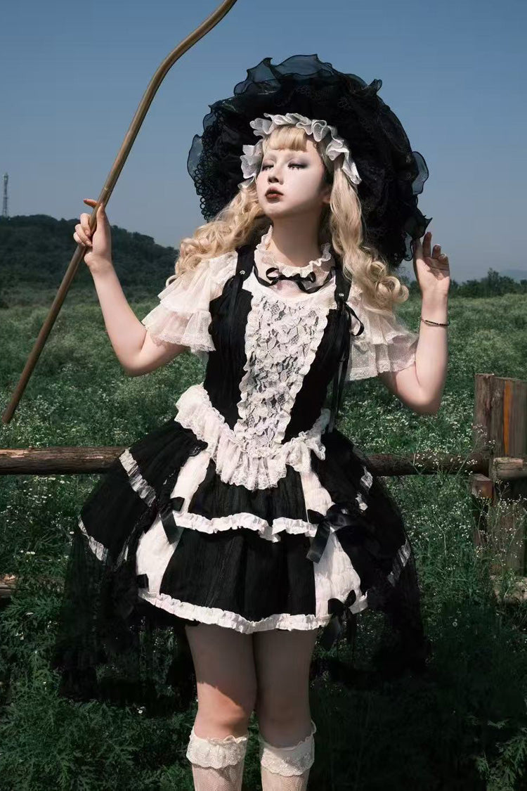 Black Twilight Double-Layered Ruffle Bowknot Lace Gothic Elegant Ballet Lolita Skirt Set