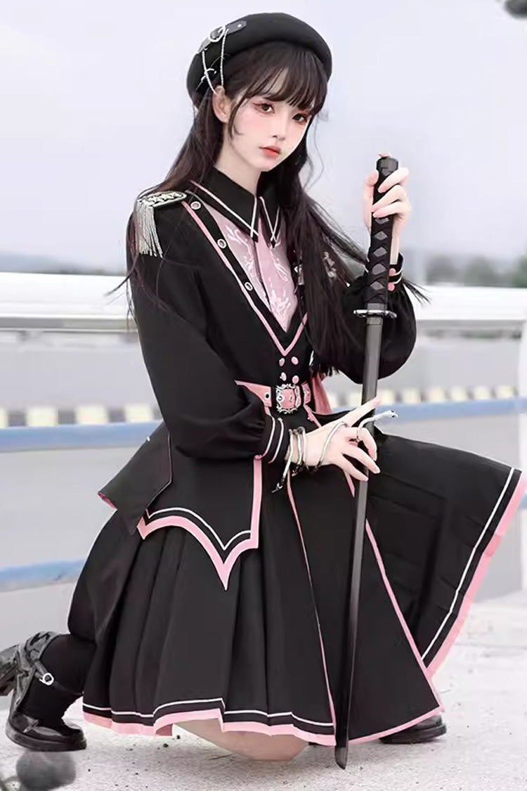 Black/Pink Long Sleeves Ruffle Gothic Military Elegant Princess Lolita Dress