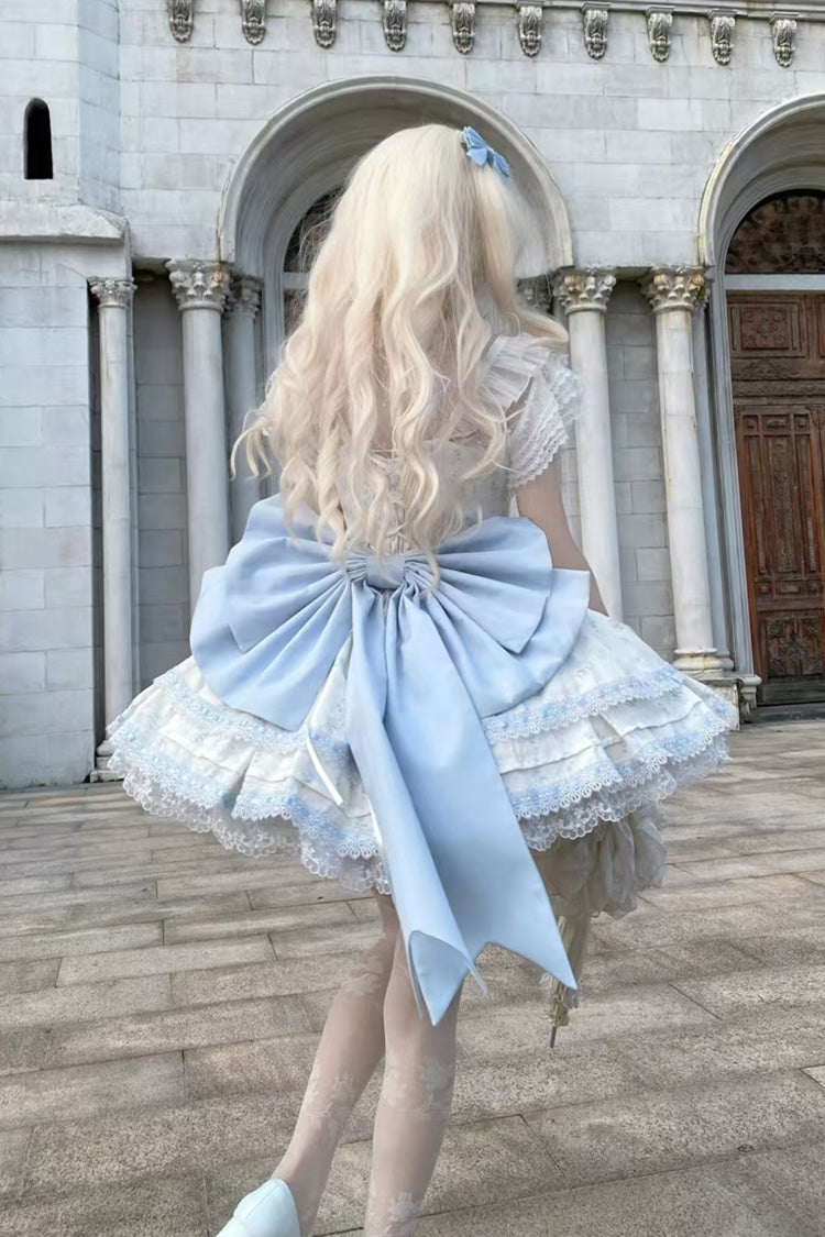 Blue First Love Rose Multi-Layered Print Ruffle Bowknot Lace Sweet Lolita Jsk Dress Set