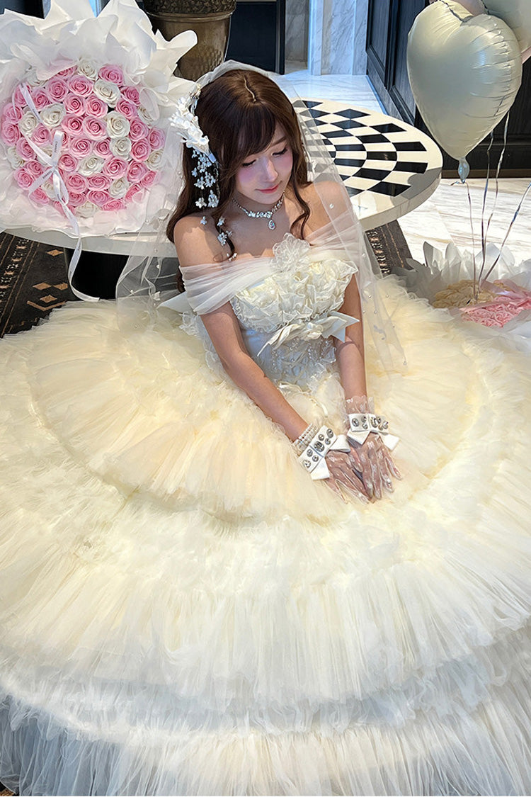 White Maiden's Love Off Shoulder Triple-Layered Ruffled Hanayome Bow Lace Sweet Princess Lolita Dress