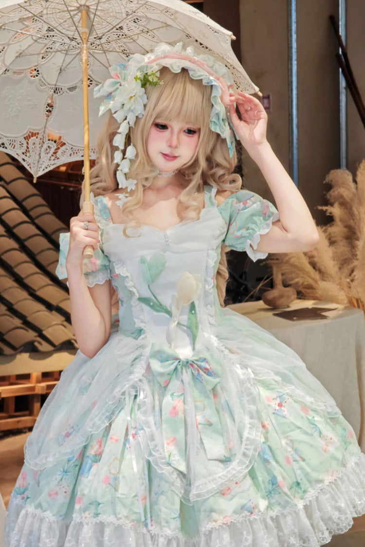 Green Tulip's Letter Off Shoulder Short Sleeves Print Ruffle Bowknot Lace Sweet Elegant Lolita Dress