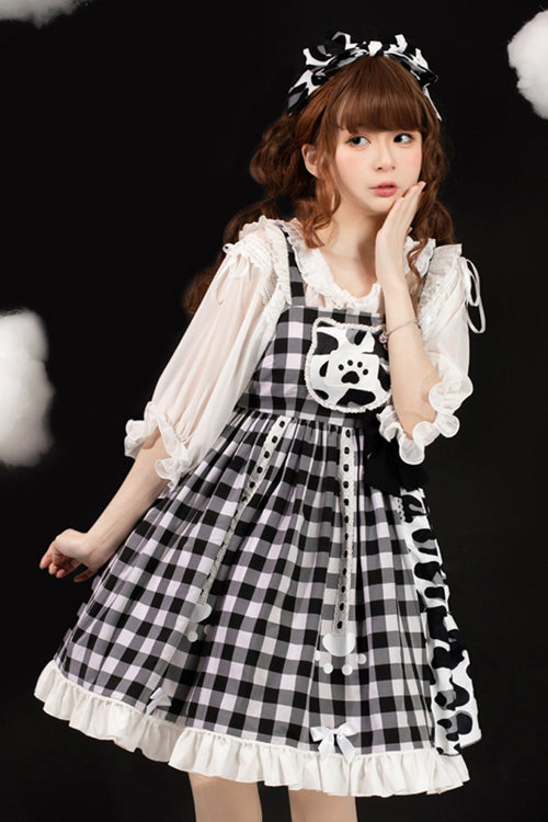 White/Black Milk Cow Plaid Panel Ruffled High Waisted Sweet Lolita JSK Dress