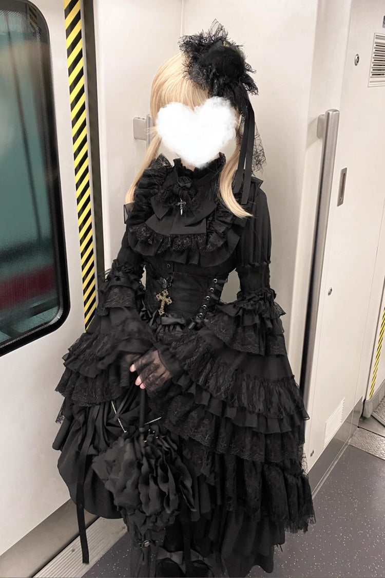 Black Eternal Taboo Long Hime Sleeves Ruffled Bow Gothic Lolita Skirt Dress Set