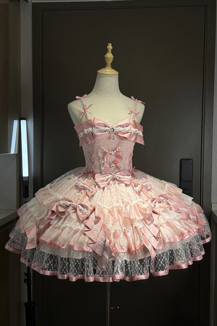 Pink Gem Love Sleeveless Triple-Layered Ruffle Bowknot Lace Sweet Ballet Lolita Jsk Dress