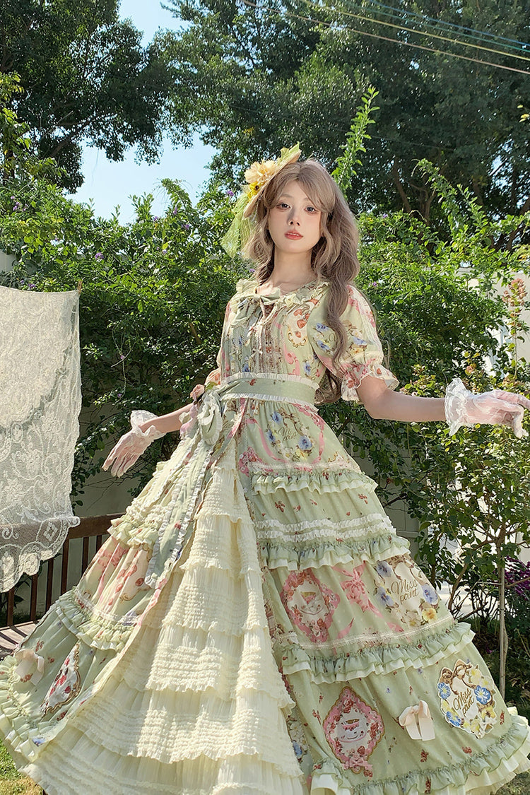 Green Cat Rose Tea Short Sleeves Print Ruffle Cardigan Bowknot Sweet Gorgeous Lolita Dress