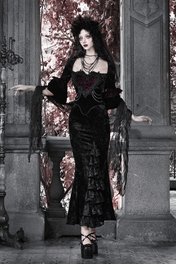 Black Castle of Dark Romance Square Collar Short Sleeves Multi-Layered Ruffled Embroidered Open-Front Lace Gothic Lolita Mermaid Dress