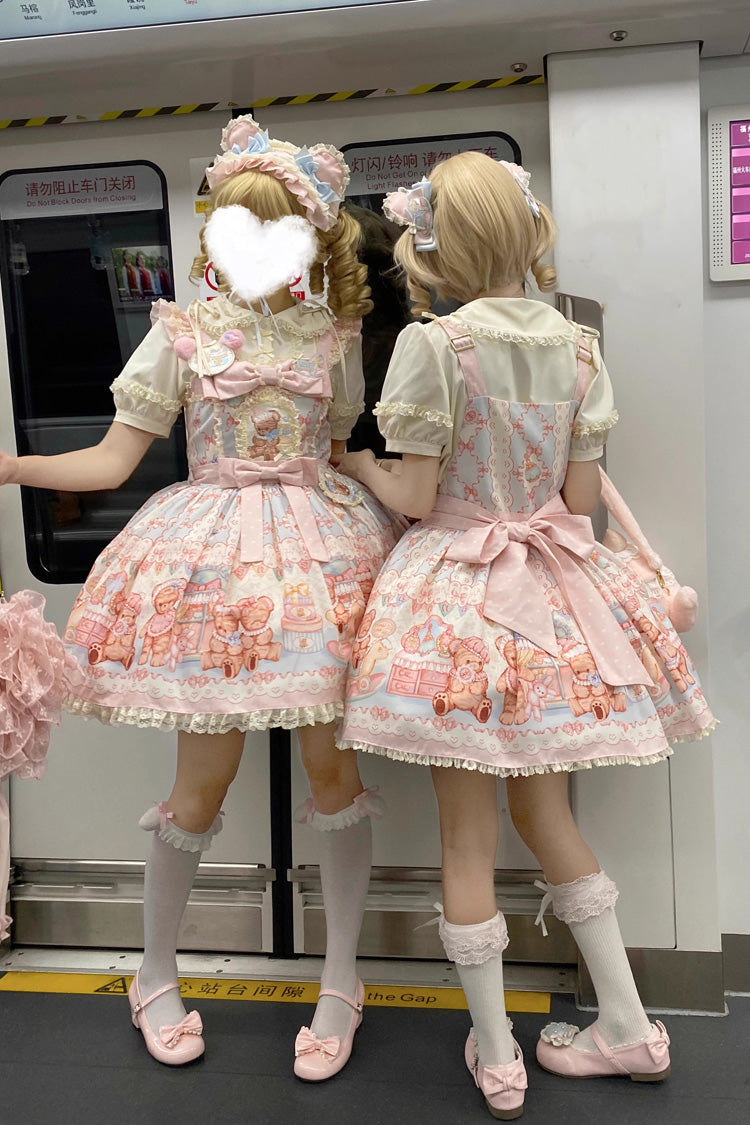 Bear Anniversary Celebration Sleeveless Printed Ruffled Bow Sweet Lolita Strap Dress 2 Colors