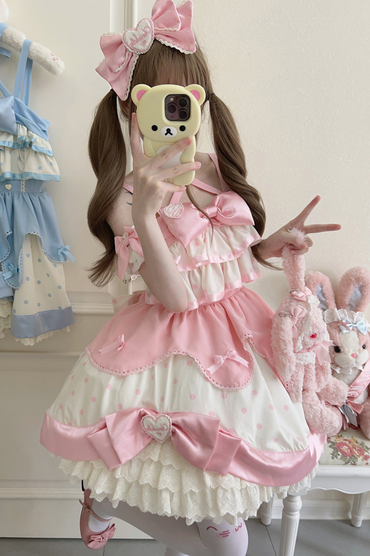 Pink Cream Multi-Layered Polka Dots Print Ruffle Bowknot Sweet Lolita Jsk Dress