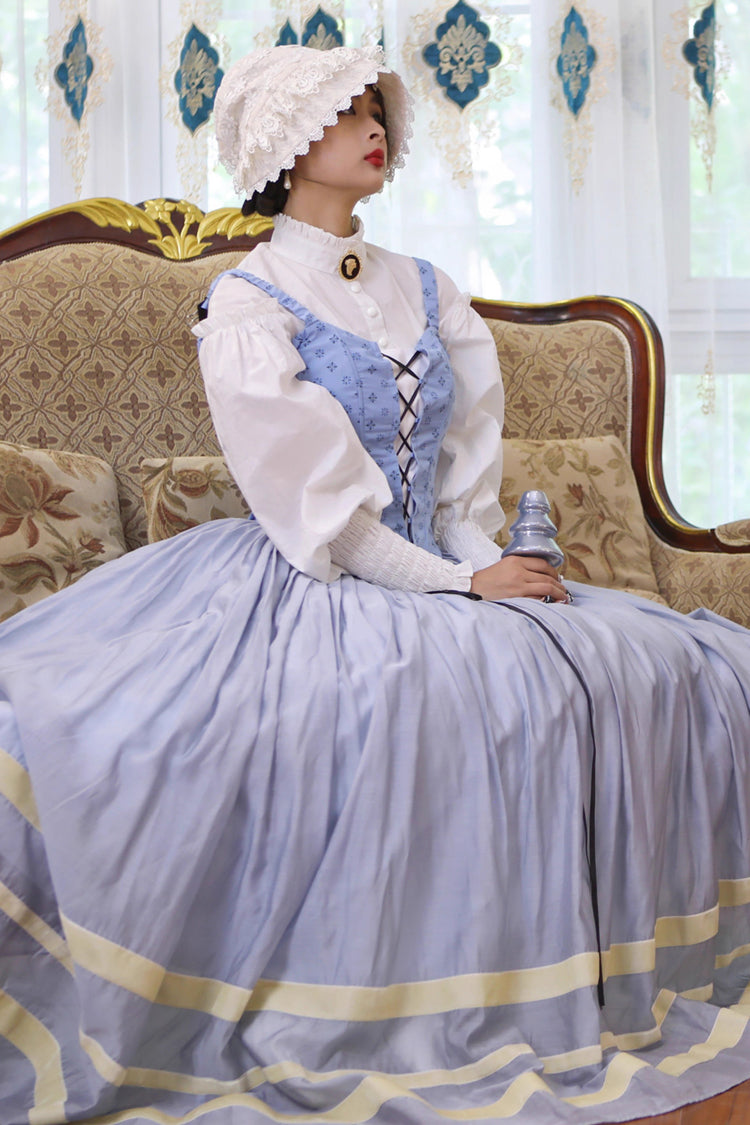 Light Blue Bashu Girl Long Puff Sleeves Print Lace-Up Fishbone Corset Sweet Lolita Skirt Dress Three-Piece Set