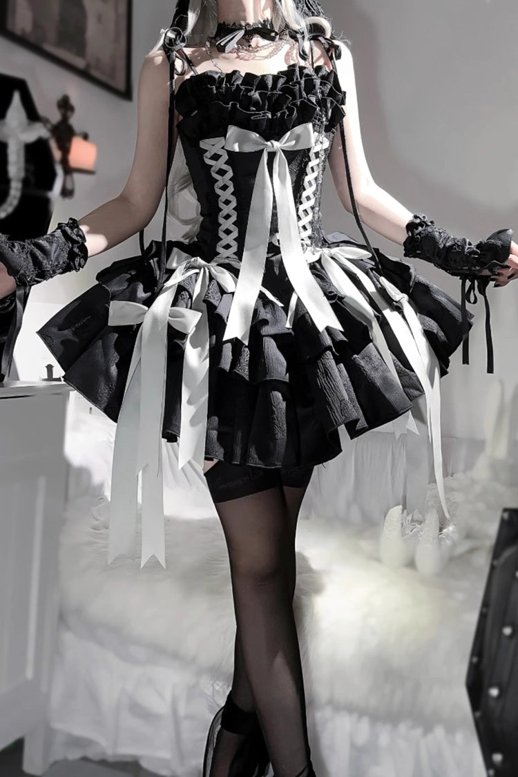 Thousand Paper Cranes Sleeveless Multi-Layered Ruffle Bowknot Lace-Up Fishbone Gothic Lolita Jsk Dress 4 Colors