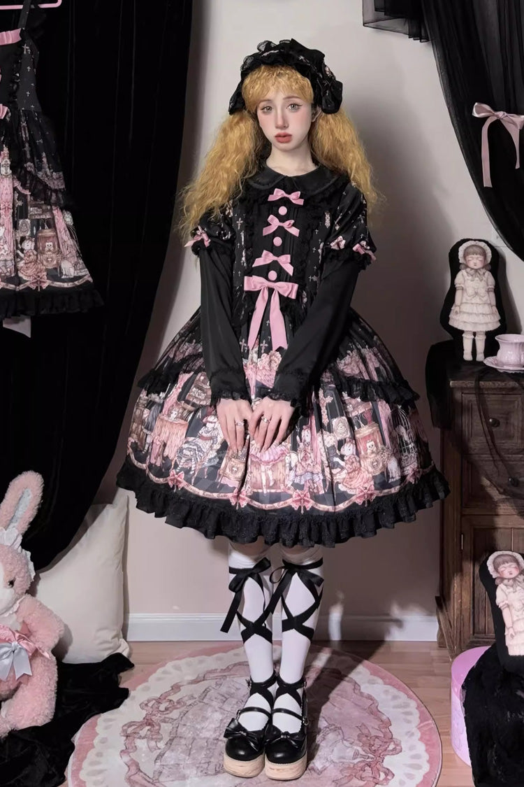 Black The Case of the Missing Lamb Print Long Sleeves Ruffle Bowknot Lace Gothic Lolita Dress