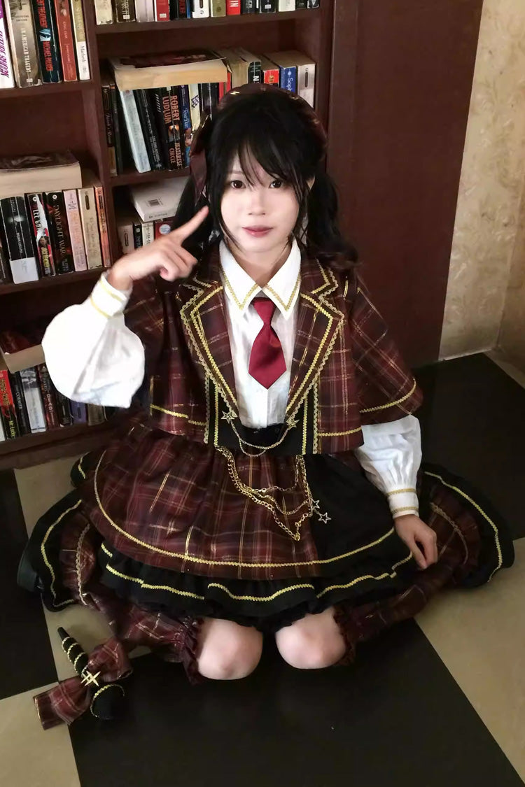 Red Shōwa Little Idol Lapel Collar Long Sleeves Ruffled Open-Front Bow Asymmetric Classic Lolita Skirt Set