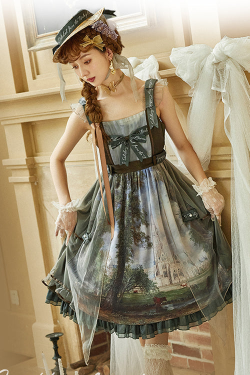 Green Salisbury Cathedral Oil Painting Print Classic Lolita JSK Dress