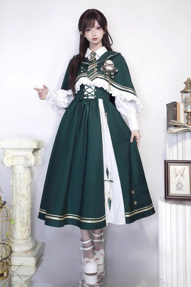 Green Time Traveler Print College Style Sweet Lolita Strap Dress 4 Piece Set