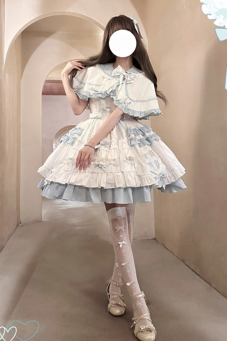 White/Blue Window Dolls Multi-Layered Ruffle Love Bowknot Sweet Princess Lolita Jsk Dress with Cape