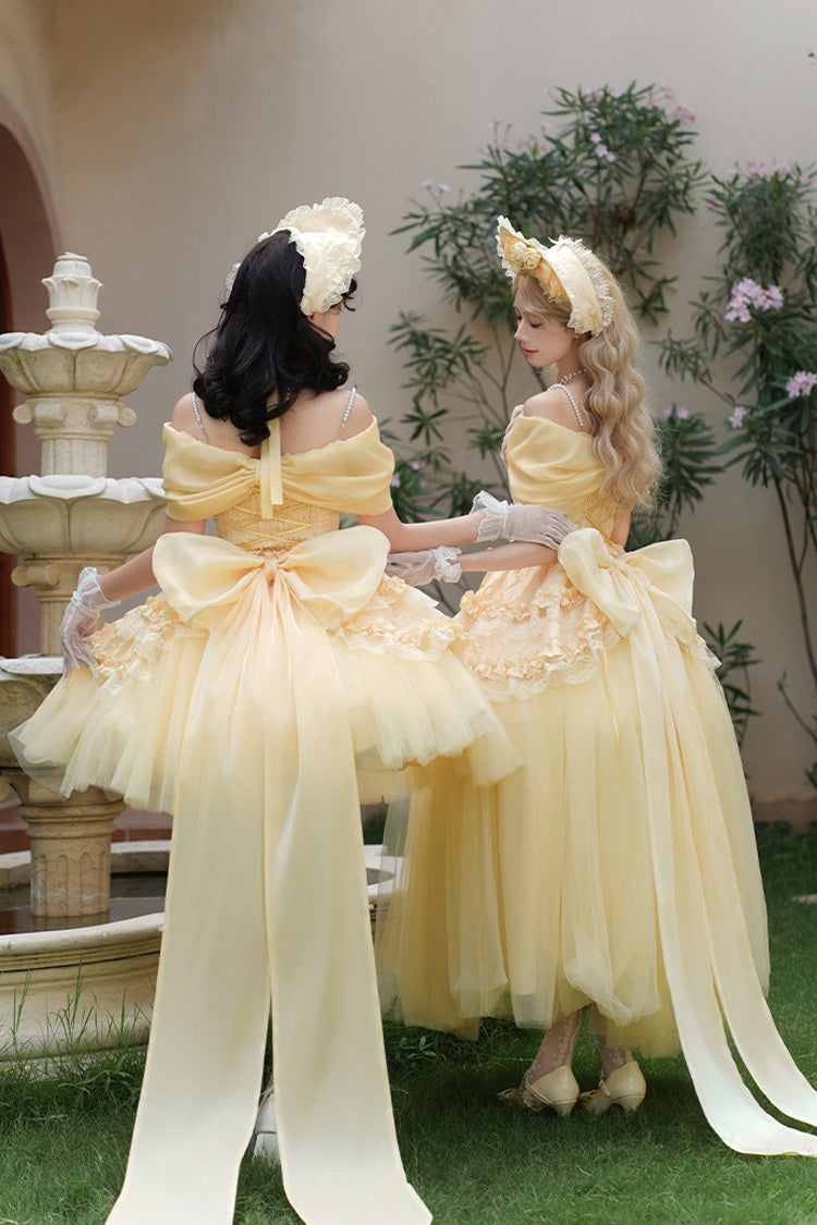 Yellow Sissi's Pilgrimage Off Shoulder Ruffle Bowknot Lace Sweet Lolita Skirt (Short Version)