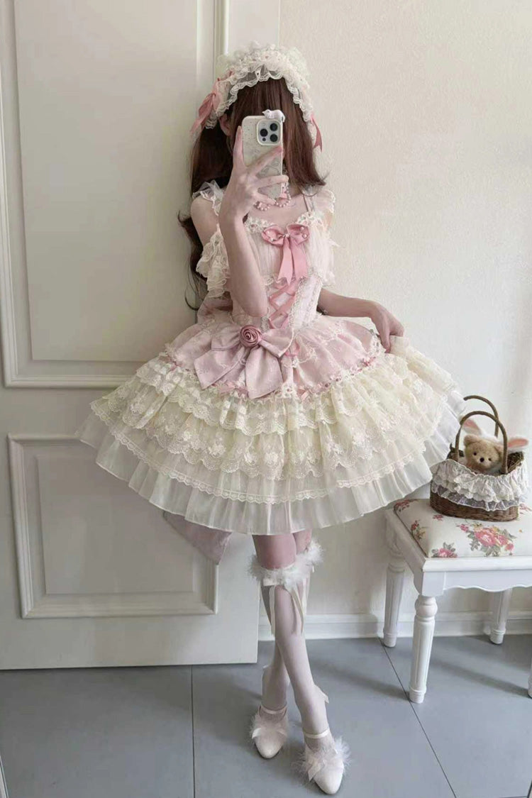 Pink Rose Canticle Sleeveless Multi-Layered Bowknot Lace Lace-Up Pearl Ballet Sweet Lolita Jsk Dress