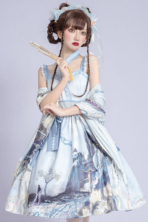 Light Blue Vintage Landscape Garden Chinese Style Print High Waisted Ruffled Classic Lolita JSK Dress