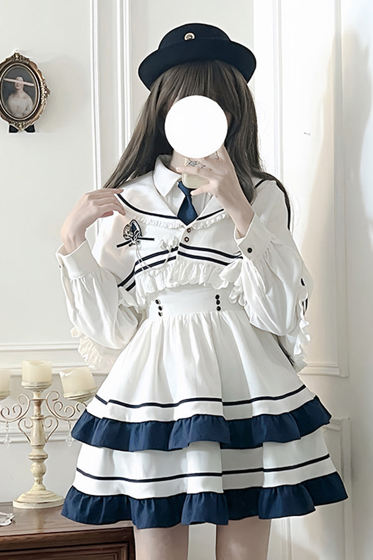 White Long Sleeves Double-Layered Ruffle Sweet College Style Lolita Dress