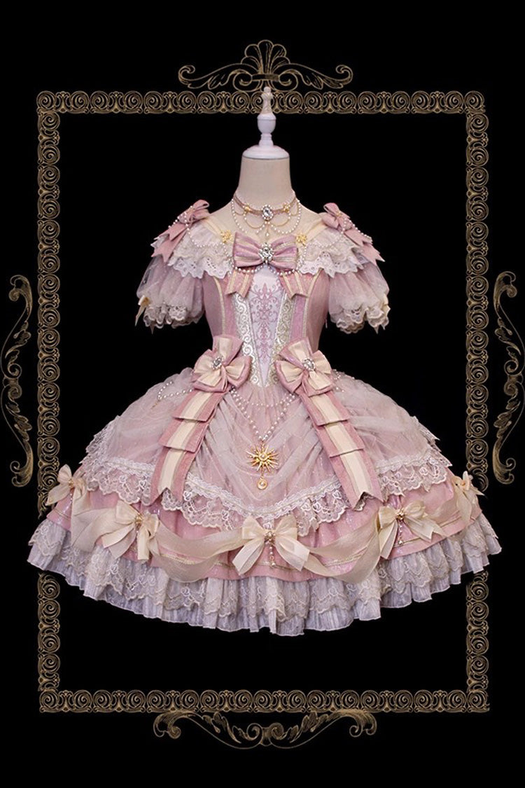 Pink Girls' Day Short Sleeves Multi-Layered Ruffle Bowknot Lace Sweet Lolita Dress 2 Versions