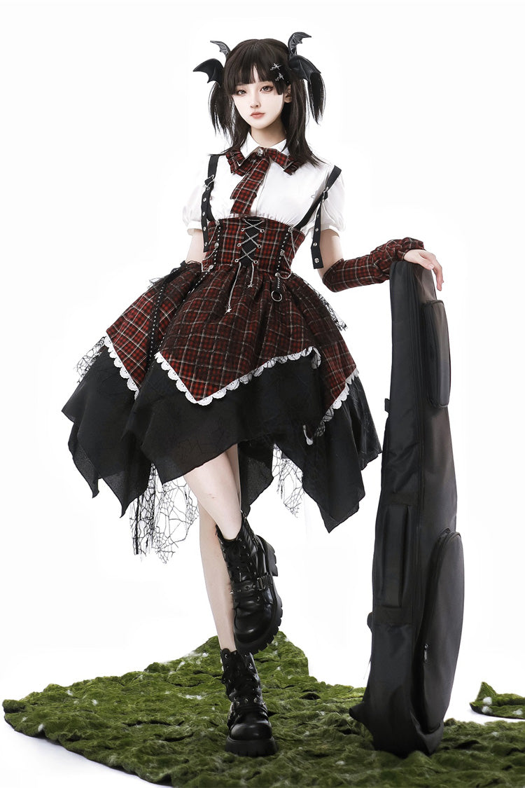 Black/Red Soul Mantra Plaid Print Irregular Sweet Lolita Strap Dress