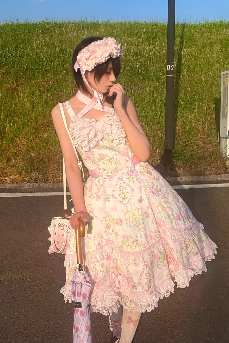 White/Pink Sleeveless Flower Wall Print Ruffle Bowknot Lace Sweet Lolita Jsk Dress