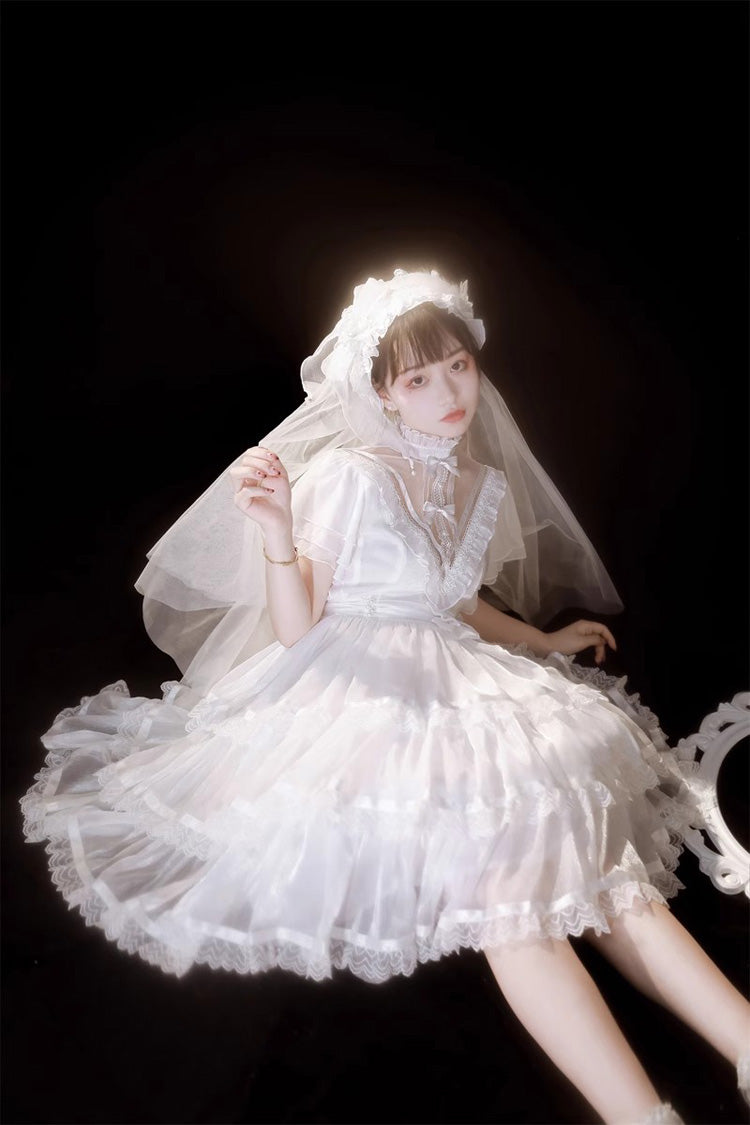White Castle Night High Waisted Ruffled Hanayome Gothic Lolita Tiered Dress