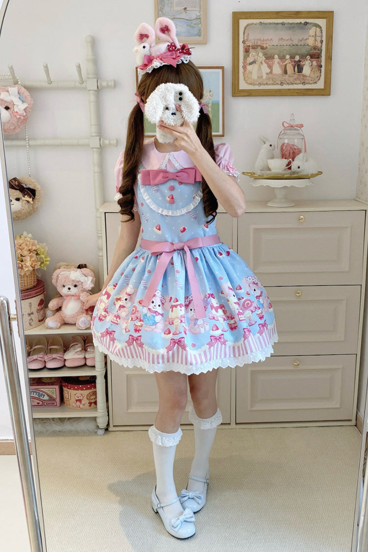 Blue/Pink Cupid Bunny Printed Sleeveless Bow Sweet Princess Lolita Strap Dress