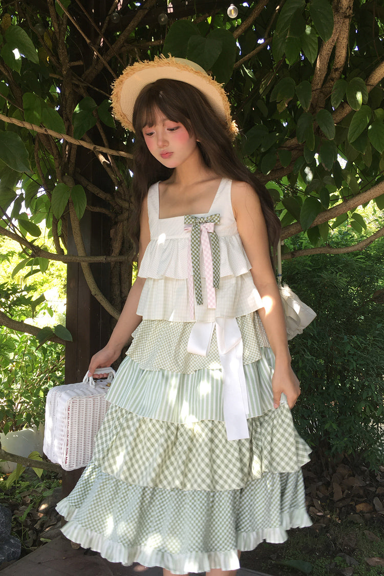 Green Go To The Forest Multi-Layered Print Ruffle Holiday Sweet Lolita Jsk Dress