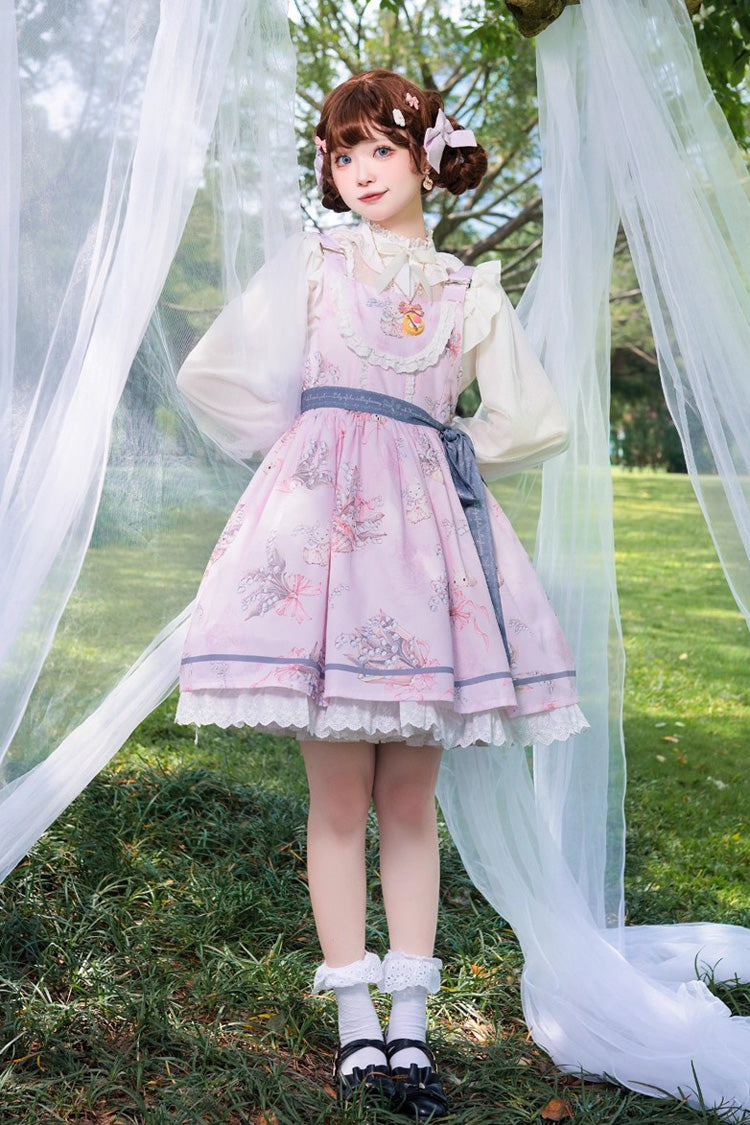 Pink Lily of the Valley Rabbit Sleeveless Print Ruffle Bowknot Daily Sweet Lolita Strap Dress