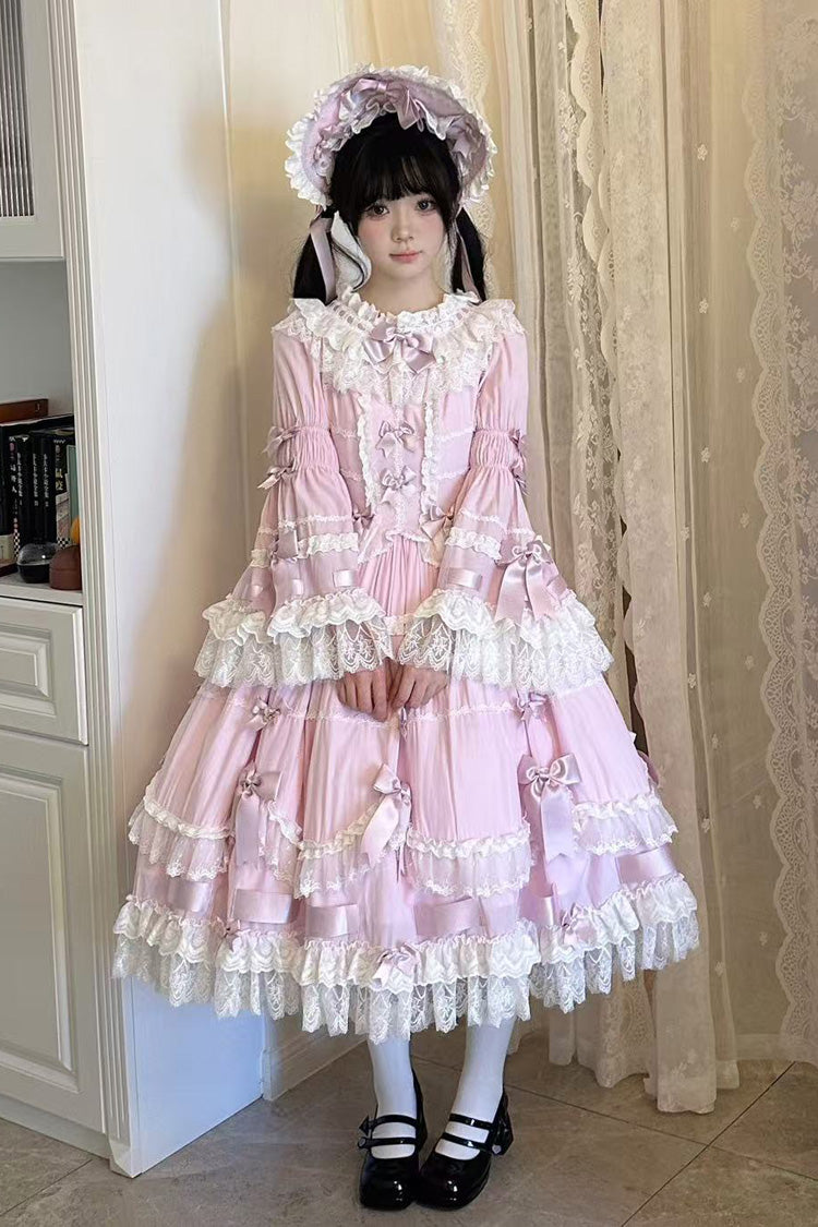 Pink Round Collar Long Trumpet Sleeves Hanayome Bowknot Lace Daily Sweet Elegant Princess Lolita Dress