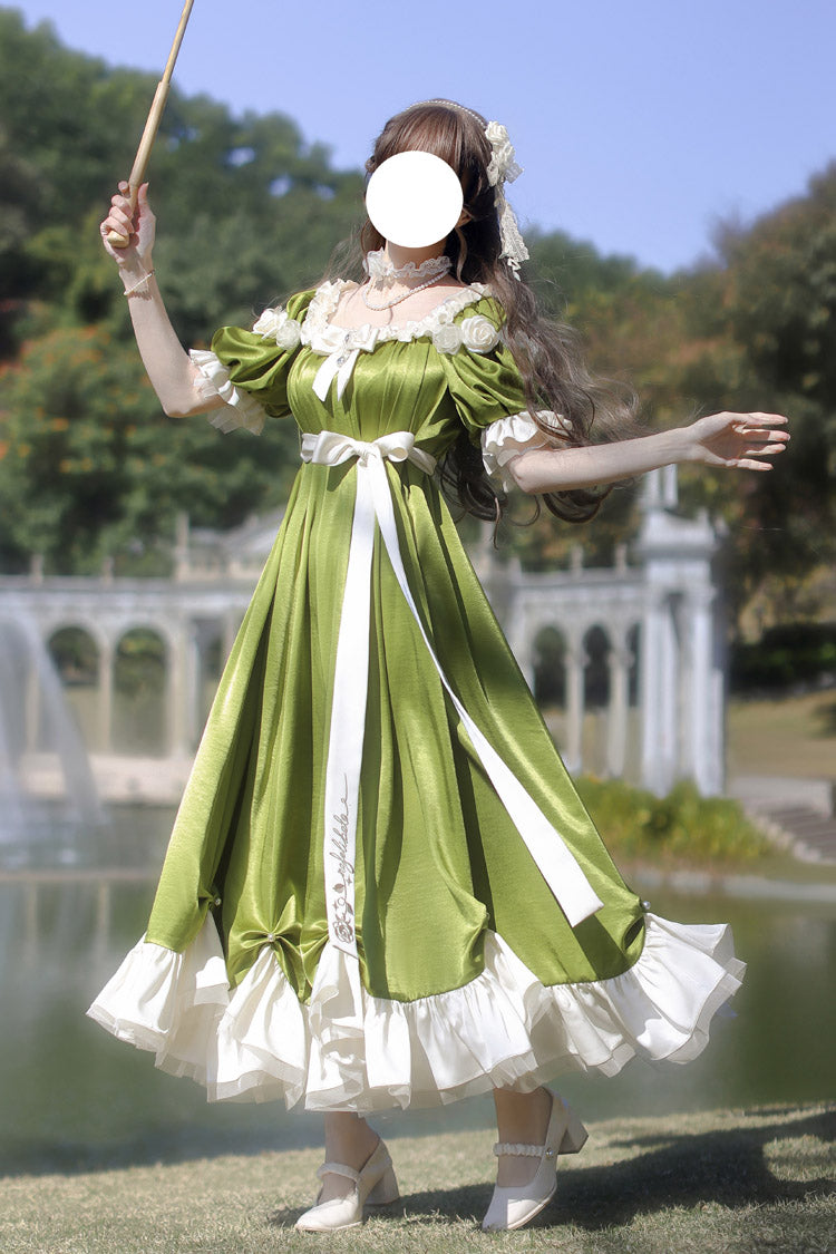 Green Square Collar Short Sleeves Ruffle Bowknot Sweet Regency-Style Vintage Lolita Dress