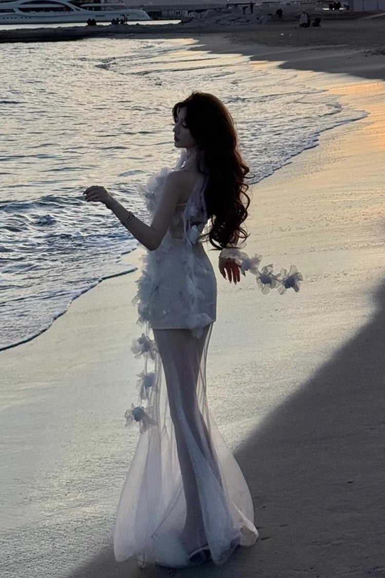 White Blooming Fairy Flower Sleeveless Bowknot Lace Slim Sweet Lolita Jsk Dress