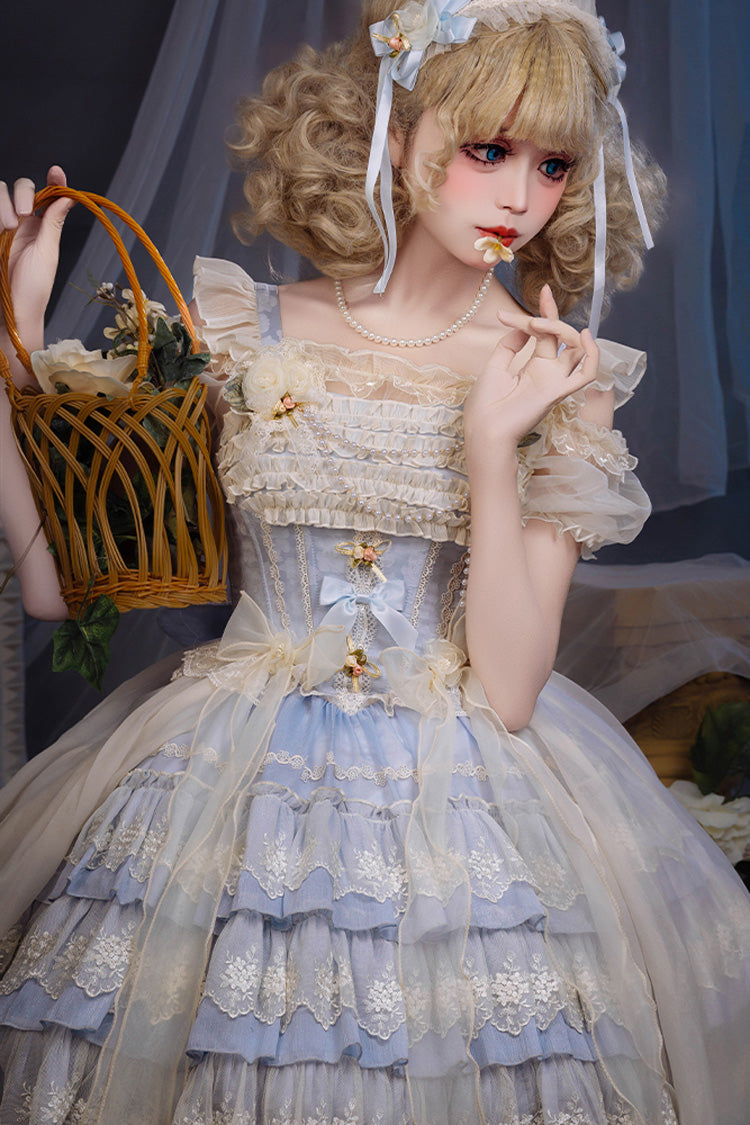Tears of Rose Sleeveless Multi-Layered Ruffle Cardigan Bowknot Lace Sweet Ballet Lolita Jsk Dress 2 Colors