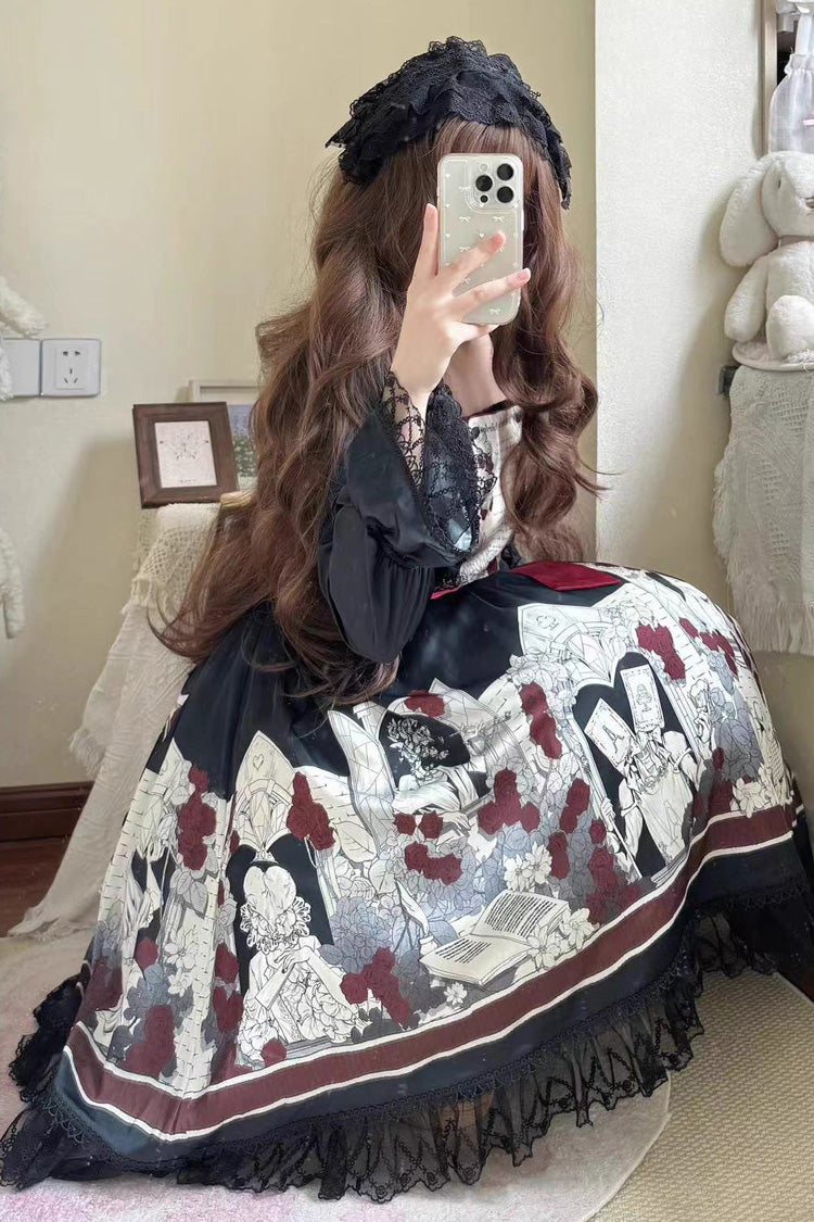 Black Alice of the Asylum Print Bowknot Lace Gothic Lolita Dress 2 Versions