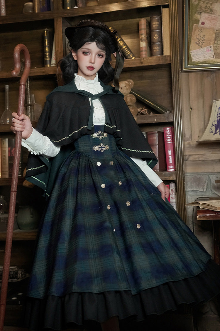 Blue/Green Berlin's letter Double-Layered Plaid Print Ruffle Bowknot Classic College Style Lolita Strap Dress Set 2 Versions