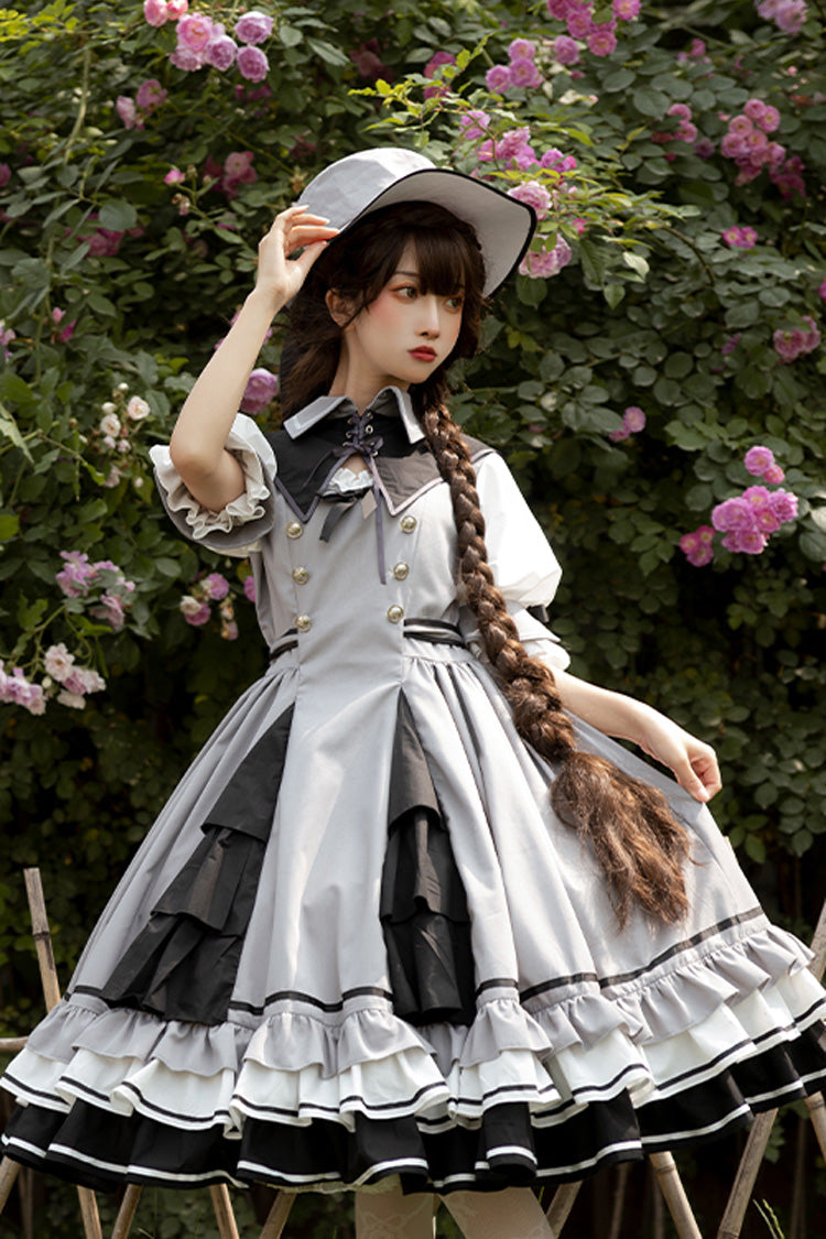 Gray Steel Rose Ruffle Bowknot Vintage Elegant Princess Lolita Dress