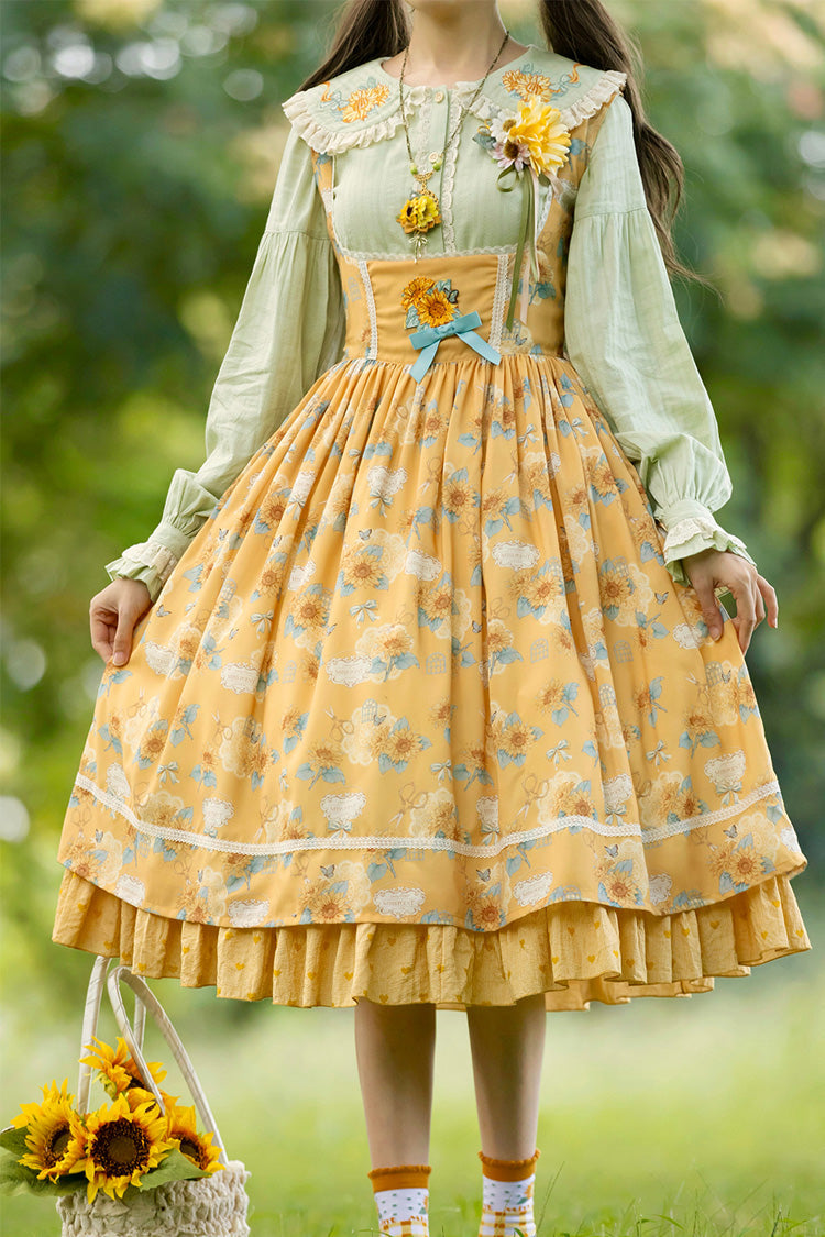 Yellow Gardening Sunflower Sleeveless Print Ruffle Bowknot Sweet Elegant Uplift Lolita Jsk Dress