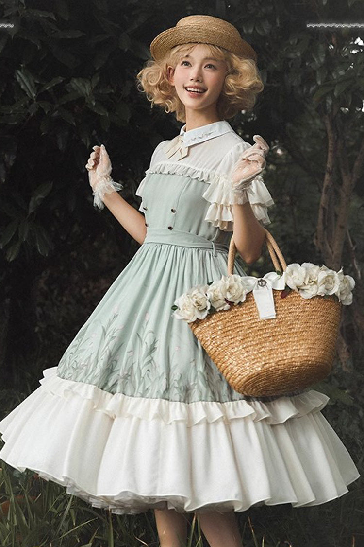 White/Green Lapel Collar Wizard Of Oz Short Sleeves Ruffle Bowknot Sweet Lolita Dress