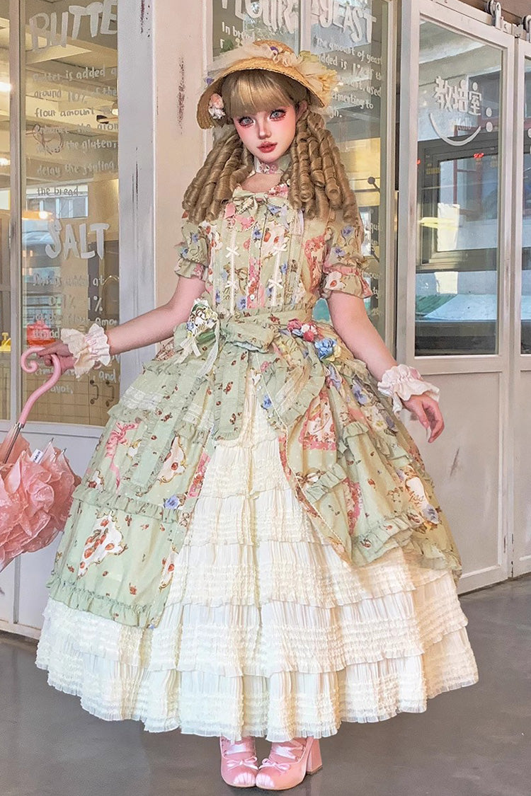 Green Cat Rose Tea Short Sleeves Print Ruffle Cardigan Bowknot Daily Sweet Lolita Dress