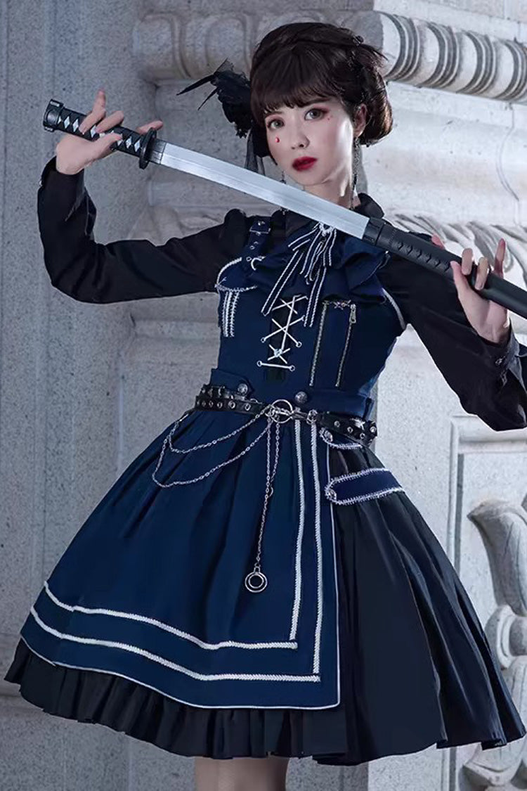Blue Ruffle Lace-Up Gothic Military Handsome Lolita Dress