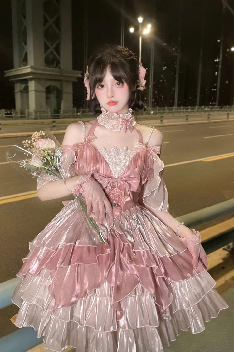 Pink Multi-layer Print Hanayome Bowknot Sweet Elegant Princess Lolita Jsk Dress