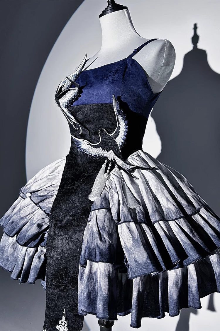 Dark Blue Feathered Finch Multi-Layered Print Ruffle Classic Chinese Style Lolita Jsk Dress Set