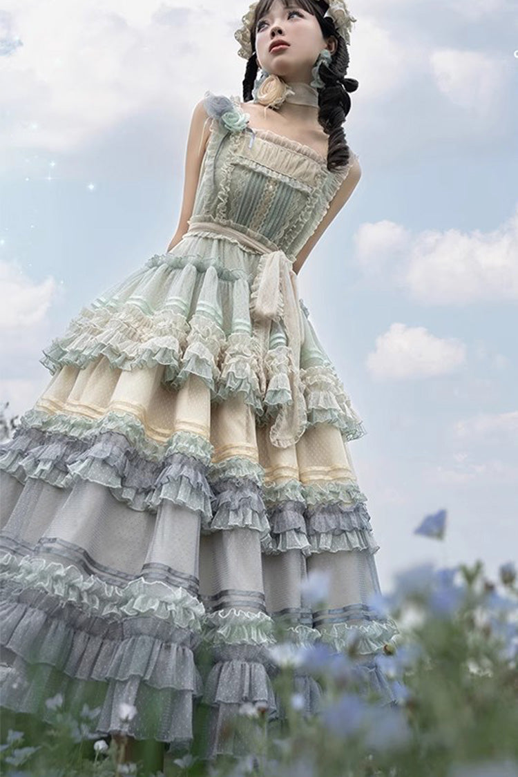 Rainbow Cloud Gradient Triple-Layered Ruffle Bowknot Sweet Lolita Jsk Dress 2 Colors