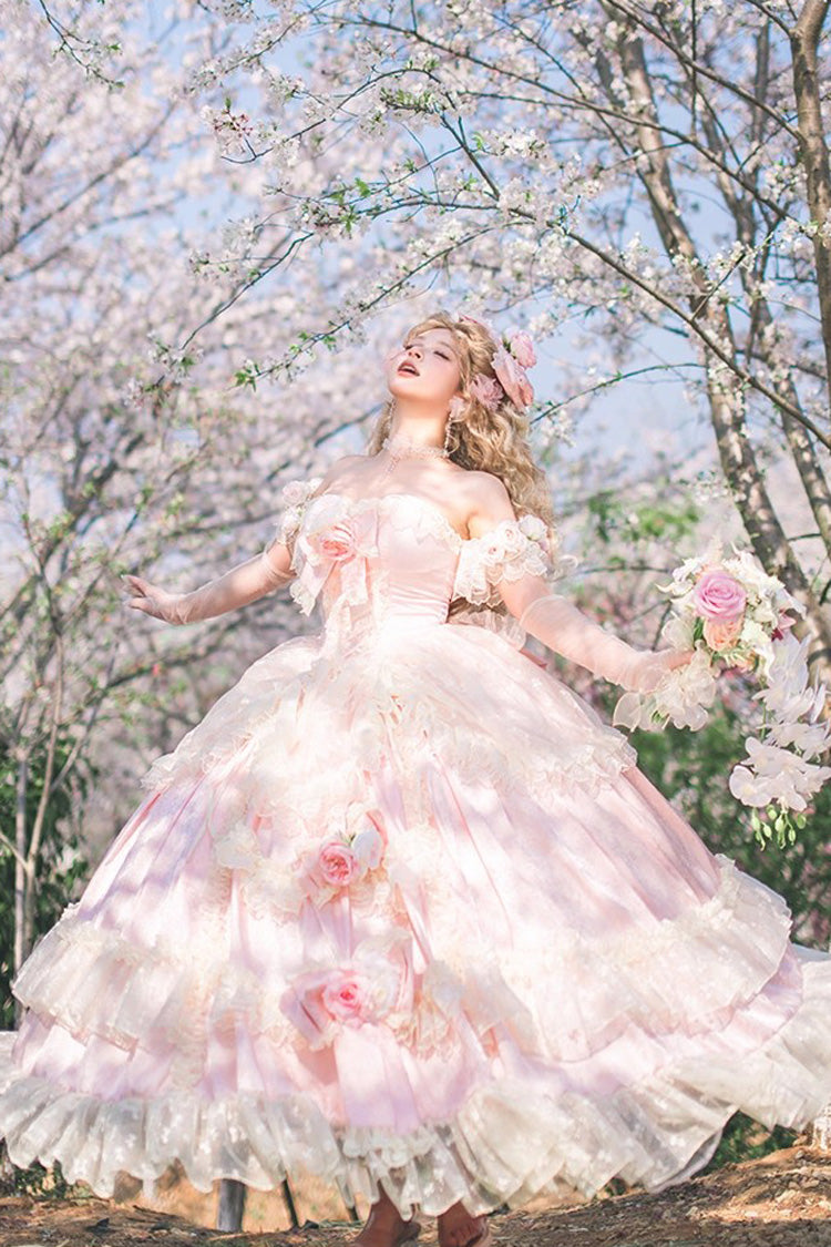 Pink Love and Roses Ruffle Hanayome Bowknot Lace Sweet Princess Lolita Jsk Dress