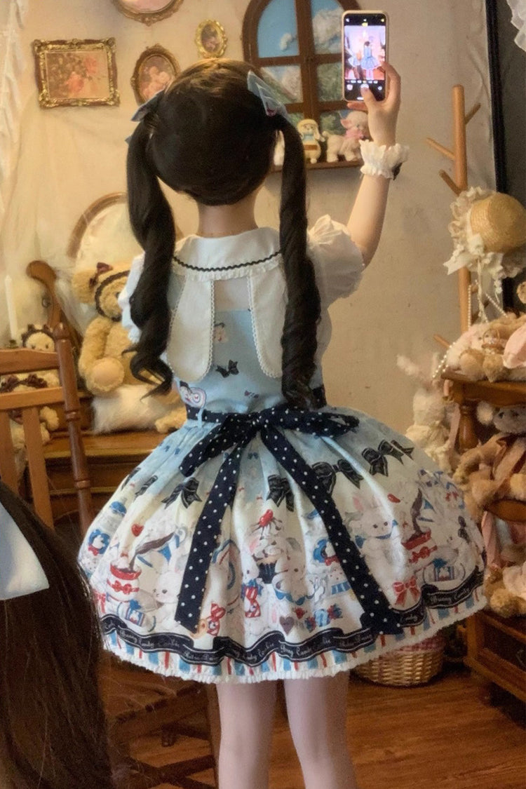 Blue Mystery Rabbit Tea Party Sleeveless Print Bowknot Lace Sweet Lolita Strap Dress