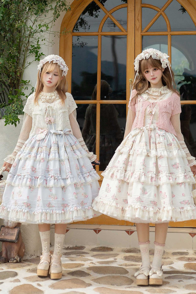 Strawberry Garden Sleeveless Multi-Layered Printed Ruffled Bow Sweet Lolita Jsk Dress 2 Colors