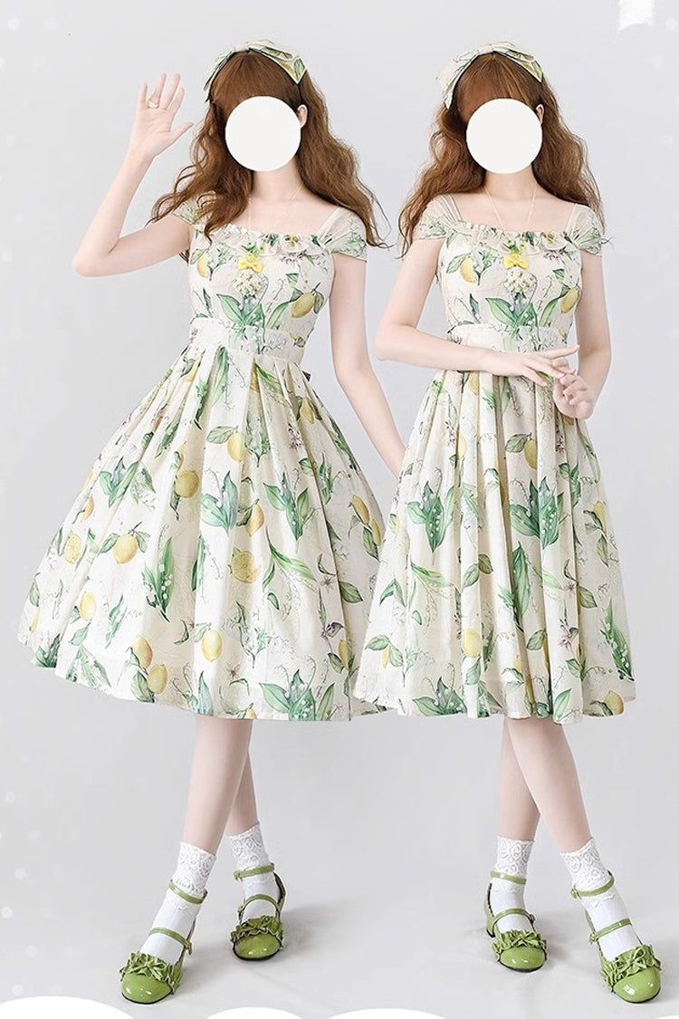 Yellow/Green Forest Basket Lemon Print Bowknot Chiffon Sweet Elegant Lolita Jsk Dress