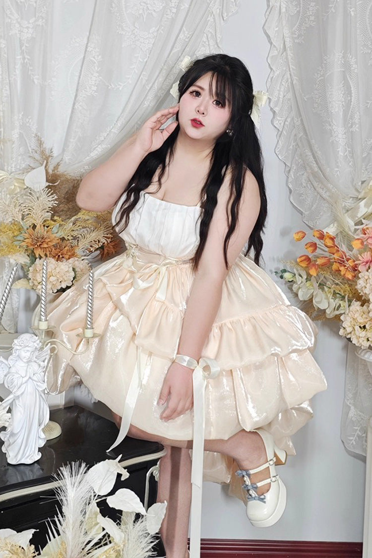 Beige Multi-Layered Ruffle Bowknot Sweet Plus Size Lolita Jsk Dress